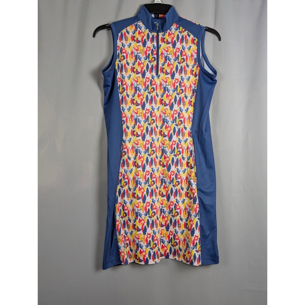Fringe Peyton Blue Abstract Print Sleeveless Golf Dress Quarter Zip Pockets SZ S - Picture 2 of 10